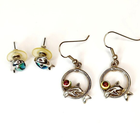 Silver-Tone Dolphin Earrings Set With Abalone Rainbow Stone Accents - Picture 1 of 6
